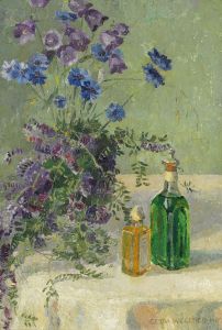 Still life with blue flowers and two bottles on a table