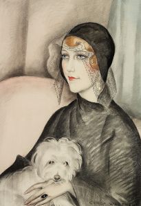 Ung dame med sort klokkehat og lille hvid skødehund