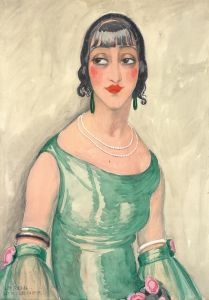 Portrait of a woman in green dress and pearls