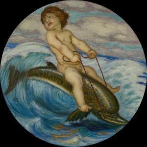 Erote riding a dolphin