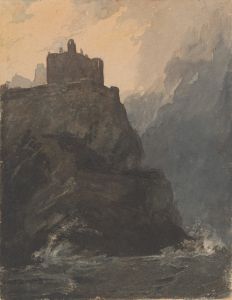 Castle on Cliff, with a Stormy Sea, and Shipwreck at Base of Cliff