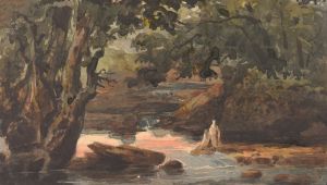 Two Figures in Stream, Bordered by Large Trees