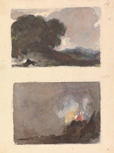 Landscape With Tree in Foreground and Mountains in Distance; Figure in interior Scene