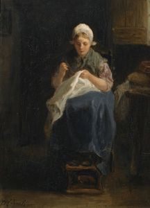 A peasant girl sewing