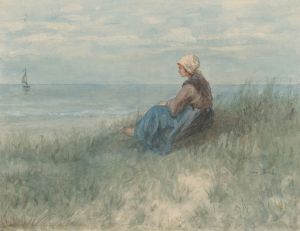 Een vrouw zit op een duin naar zee te kijken
