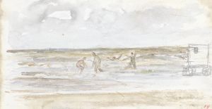 Baders in zee en een strandkoets