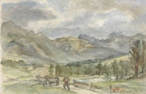 Berglandschap met veehoeder en twee koeien