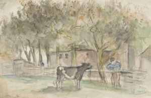 Landschap met een koe en een boer