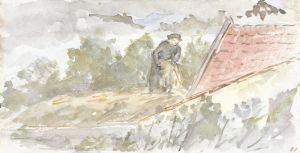 Landschap met vrouw en dak van een huis