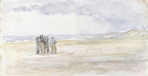 Man met paard en wagen op het strand