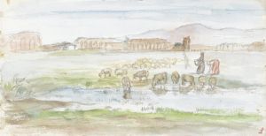 Vlakte met schapen, op de achtergrond ruïnes van een aquaduct