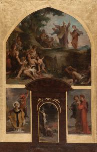 Prédication de saint Denis et conversion des Gaulois. Décollation de saint Denis. Christ en croix. Saint Rustique et saint Eleuthère.