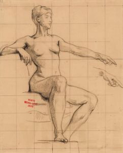 Etude de jeune femme nue assise pointant l’index gauche vers l’avant