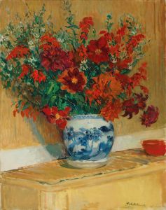 Bouquet de fleurs au vase bleu