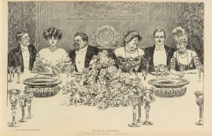 Studies in expression. Showing a newly engaged couple at a large dinner party