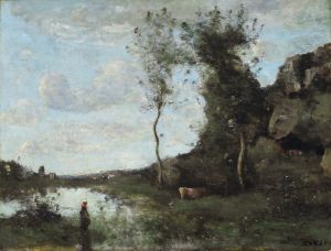 Une Paysanne Et Sa Vache À La Mare En Vue D’un Village
