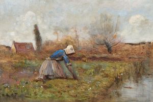 Fermière agenouillée cueillant des pissenlits