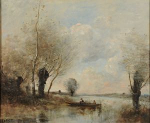 La pêche en barque auprès des saules