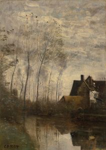 Un coin de rivière avec maison et peupliers