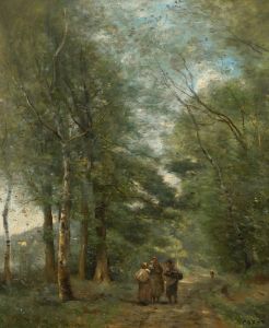 Ville d’Avray.Paysans causant sur le chemin longeant L’étang
