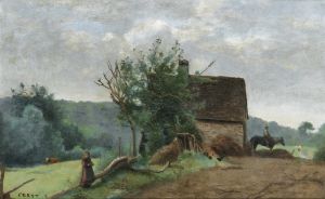 Cour de ferme avec un cavalier et une petite fille au premier plan