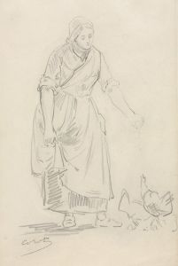 Peasant Girl Feeding Chickens )