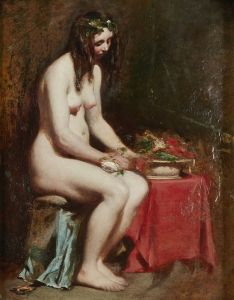 Seated Female Nude with Flowers in her Hair and a Still-Life by her Side