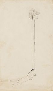 A caricature of Sarah Bernhardt  as a stick with a little sponge above her head