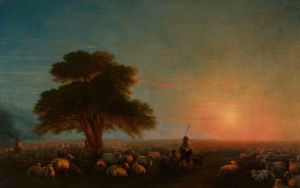 Shepherds with a flock of sheep