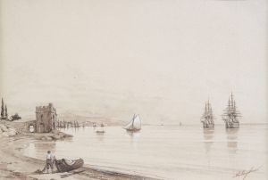 View of a bay with numerous sailing-ships