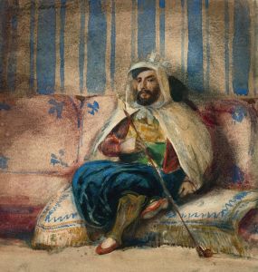 A man in Oriental costume smoking on a sofa