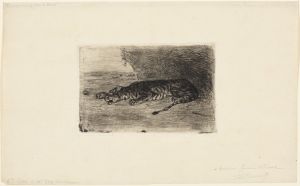 Liegender Tiger am Eingang seiner Höhle