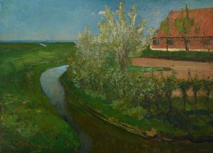 Curved Irrigation Ditch Bordering Farmyard with Flowering Trees