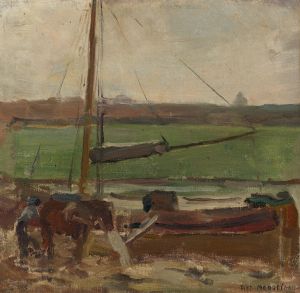 Polder met gemeerde vrachtschuit buiten Amsterdam II
