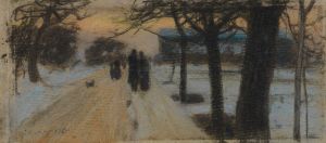 Spaziergänger auf schneebedeckter Strasse am Abend