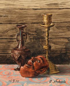 Stillleben mit Kerzenleuchter, Vase und Maske