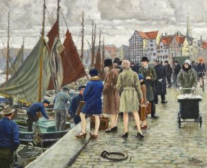 Elegante damer med klokkehatte køber fisk
