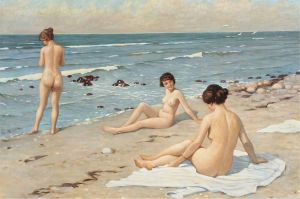 Strandparti med badende kvinder