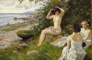 Tre badepiger i strandkanten