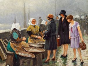 Tre unge damer køber friske fisk på Gammel Strand