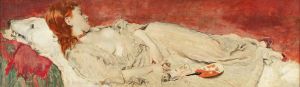 A young red-hair girl sleeping on a bearskin