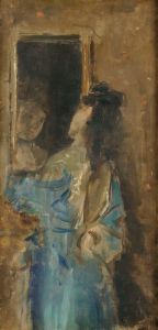 Girl in blue looking in a mirror