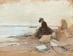 Femme peintre en bord de mer