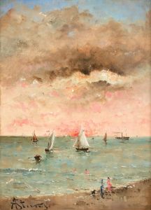 Figures sur la plage au couchant