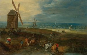 An Extensive Landscape With Travellers Before A Windmill