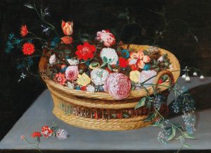 A basket with spring flowers on a stone table