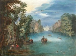 Paysage fluvial animé de personnages