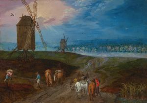 An extensive landscape with travelers before a windmill