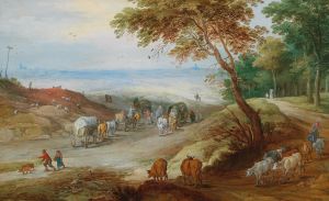An extensive hilly landscape with travellers on a path and cattle in the foreground