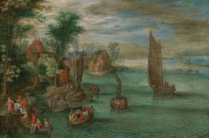 A river landscape with ferries and sailing boats